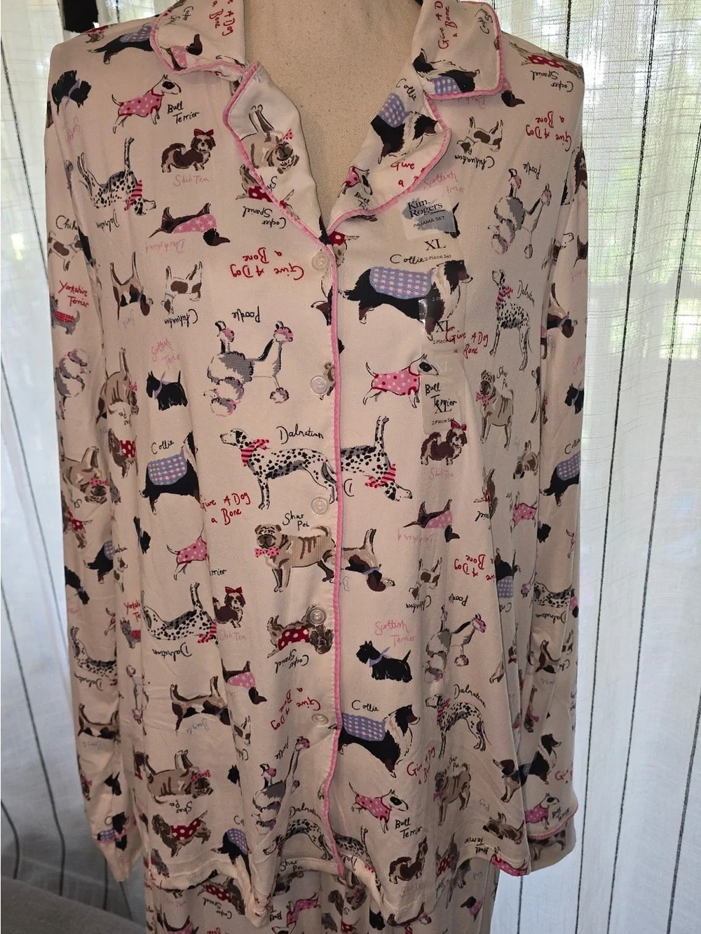 Kim Rogers Cream Pajama Set with Multicolor Dog Motif
